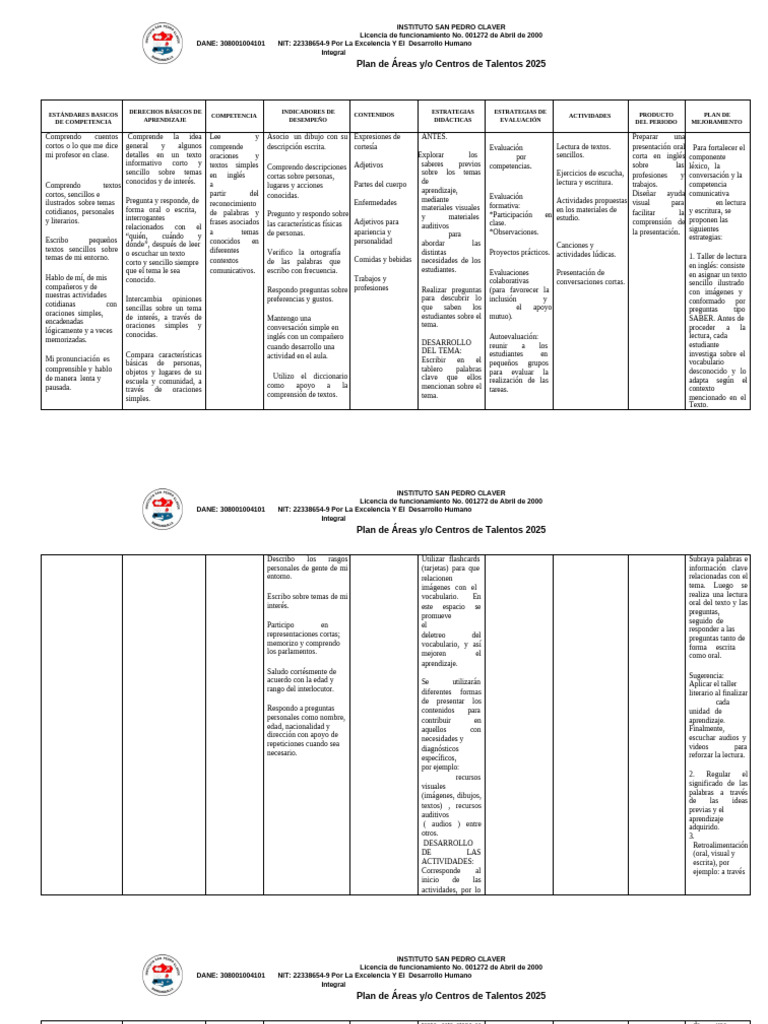 Plan de Inglés 2025 para Cuarto Grado | PDF | Aprendizaje ...