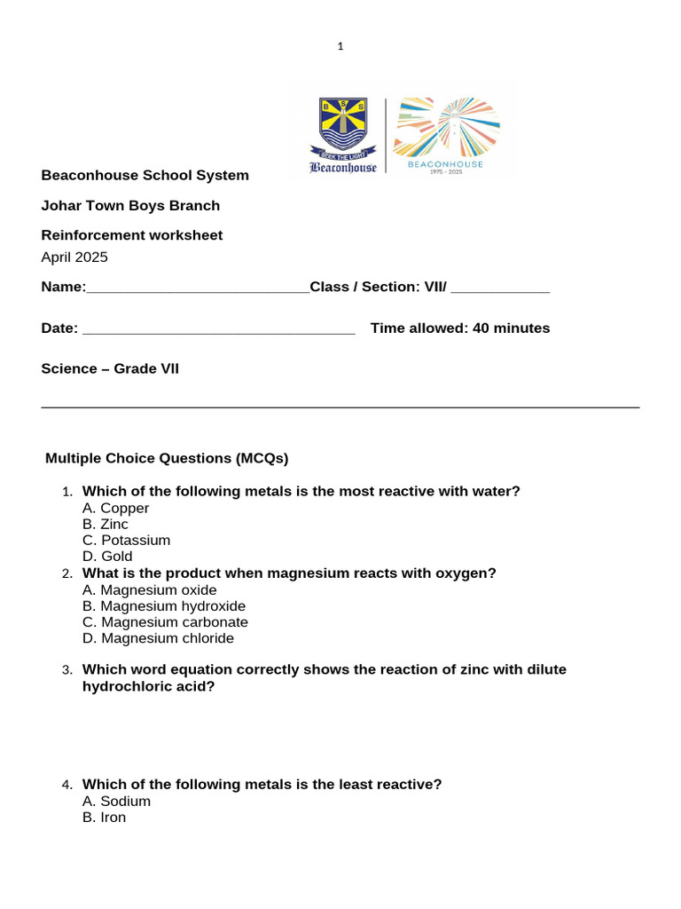 Science Reinforcement Worksheet, Reactivity of Metals | PDF | Magnesium ...
