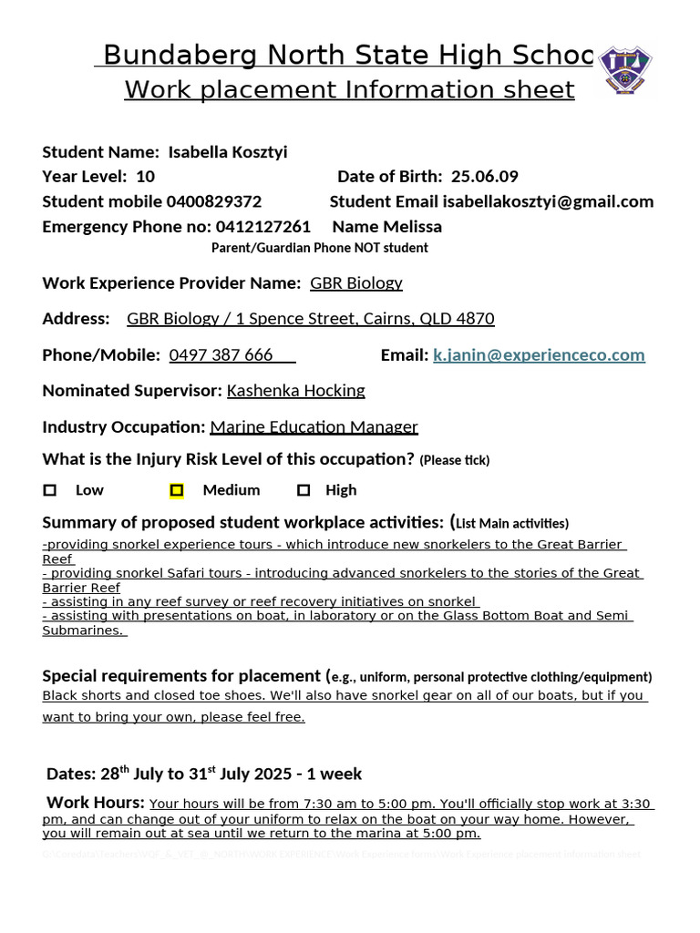 Work Experience Placement Information | PDF