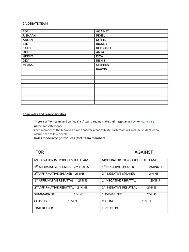 Debate Team Roles and Responsibilities | PDF