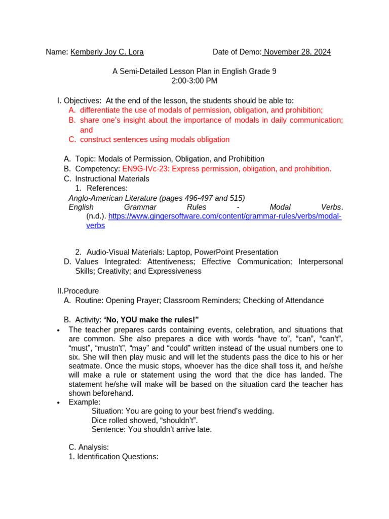 Grade 9 English Lesson on Modals | PDF | Adverb | Verb