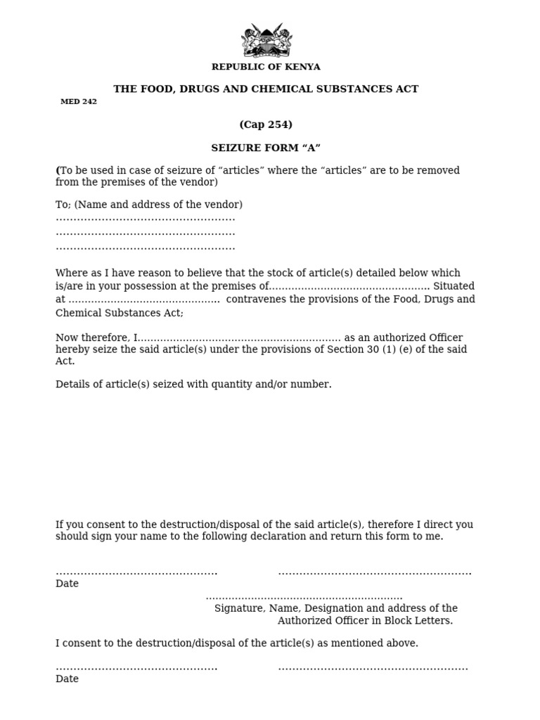Seizure Form A under Cap 254 | PDF