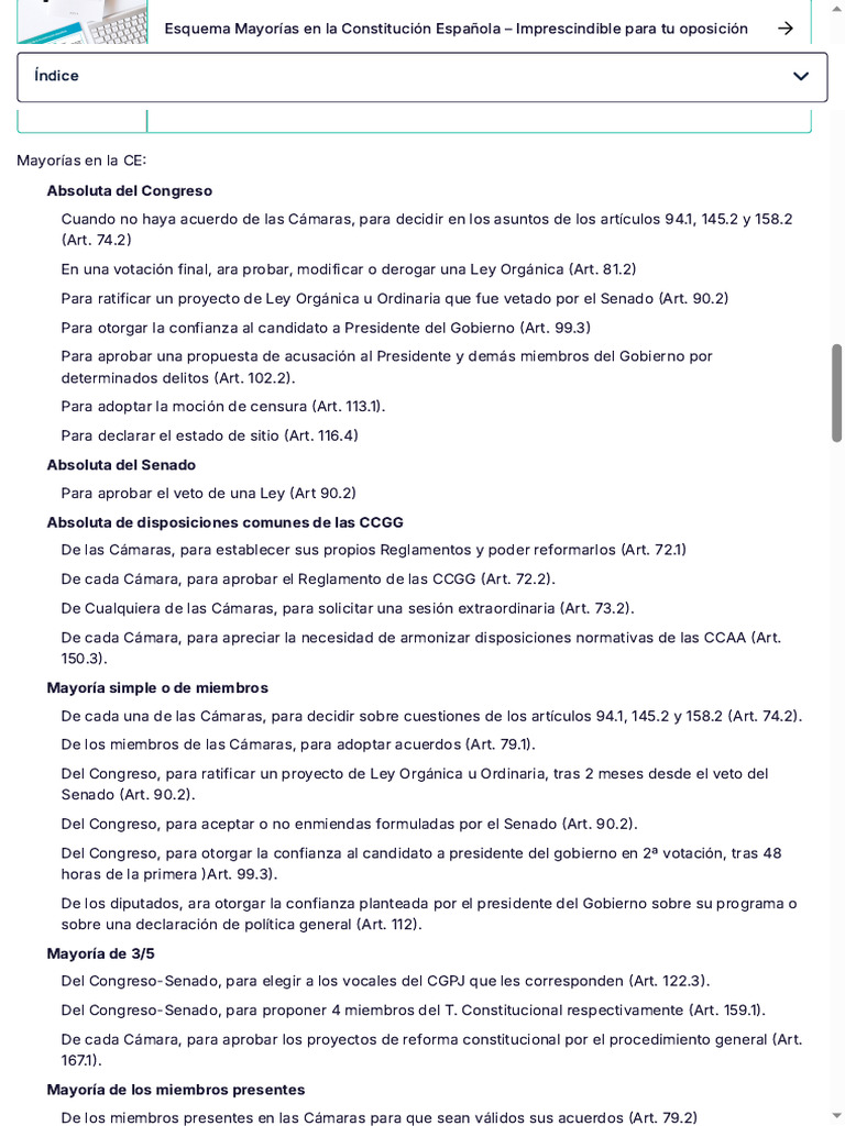 Esquema de Mayorías en la CE Española | PDF | Gobernancia | Gobierno