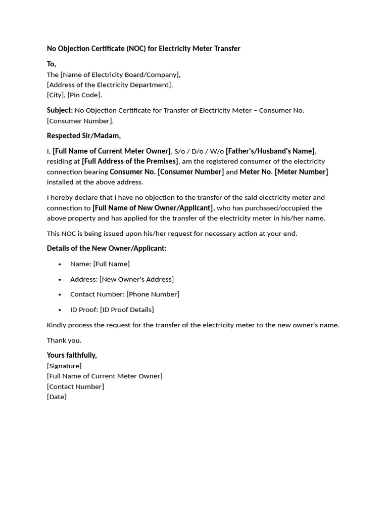 NOC for Electricity Meter Transfer | PDF