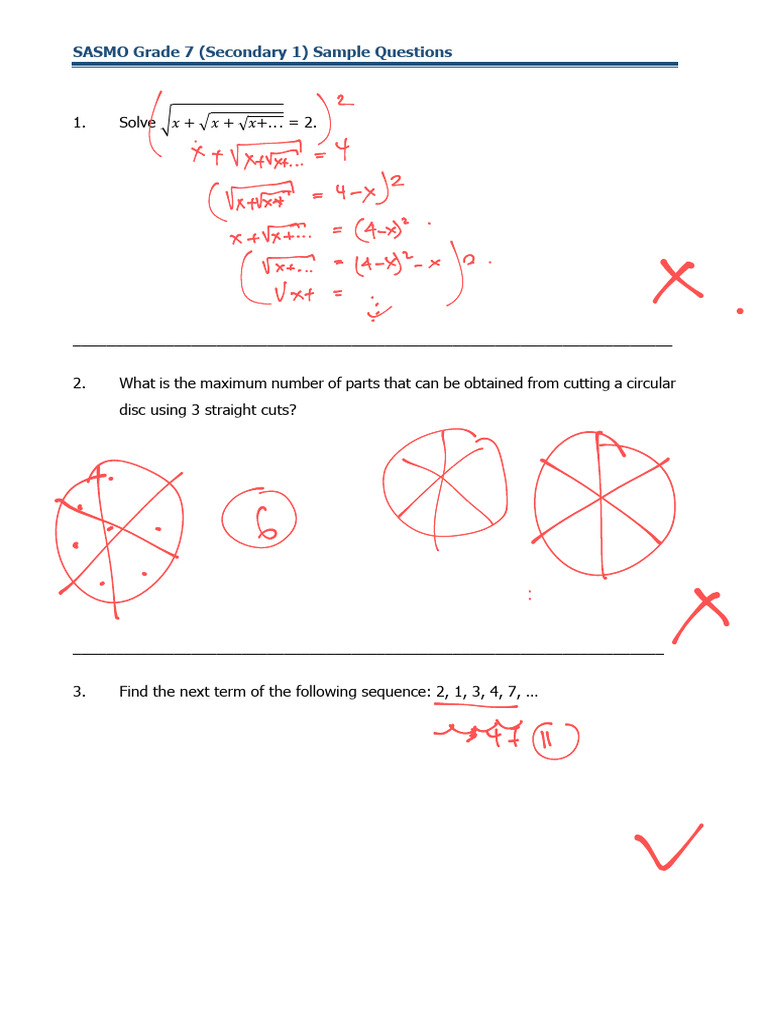 SASMO Grade 7 Sample Questions | PDF | Numbers | Arithmetic