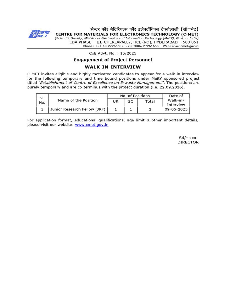 WALK-IN-INTERVIEW-ADVT(JRF) 09-05-2025 | PDF | Metallurgy