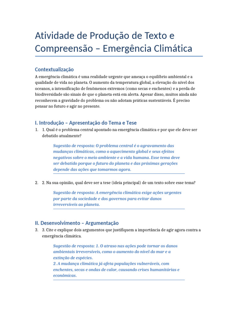 Atividade sobre Emergência Climática | PDF | Aquecimento global e ...