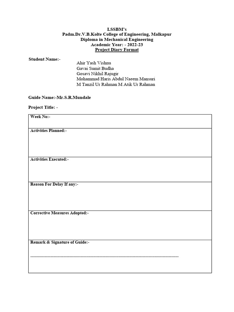Project Diary for Engineering Students | PDF