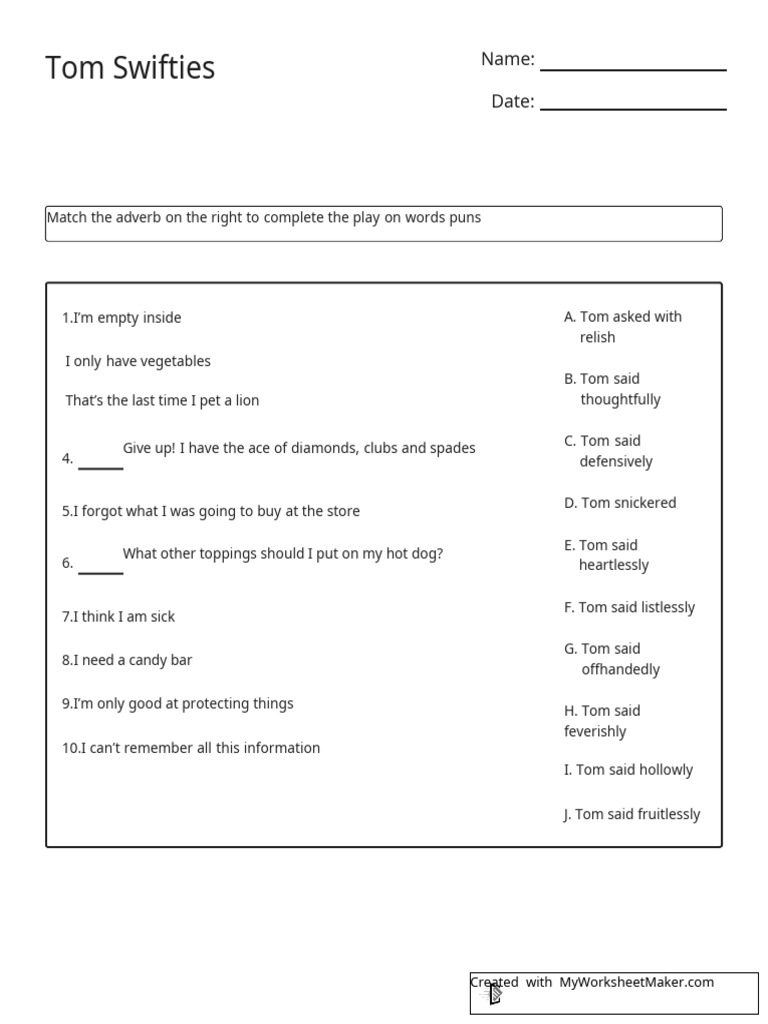 Tom Swifties Wordplay Matching Game | PDF