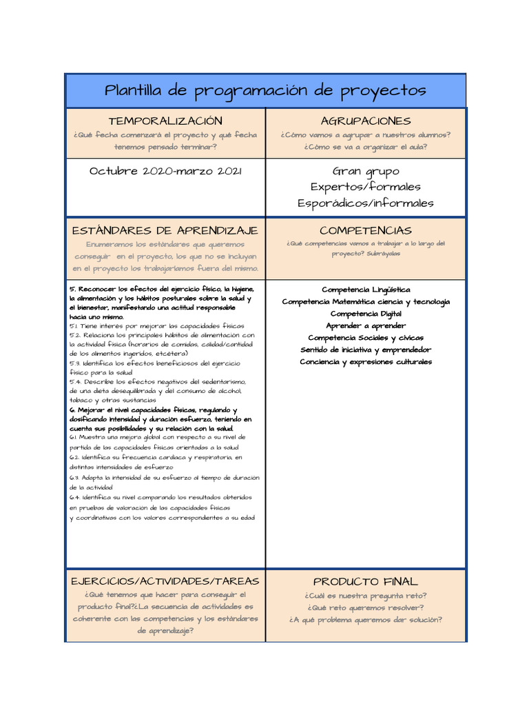 Plantilla para Programación de Proyectos | PDF | Aprendizaje