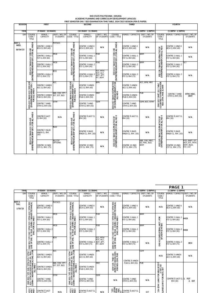 Latest Gs Eed Timetable 2025 First Semester | PDF