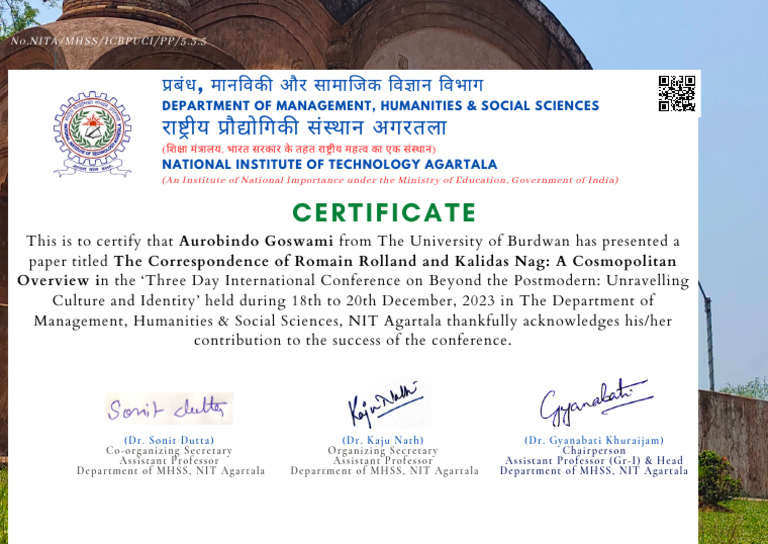 Nit Agartala International Conference Certificate | PDF