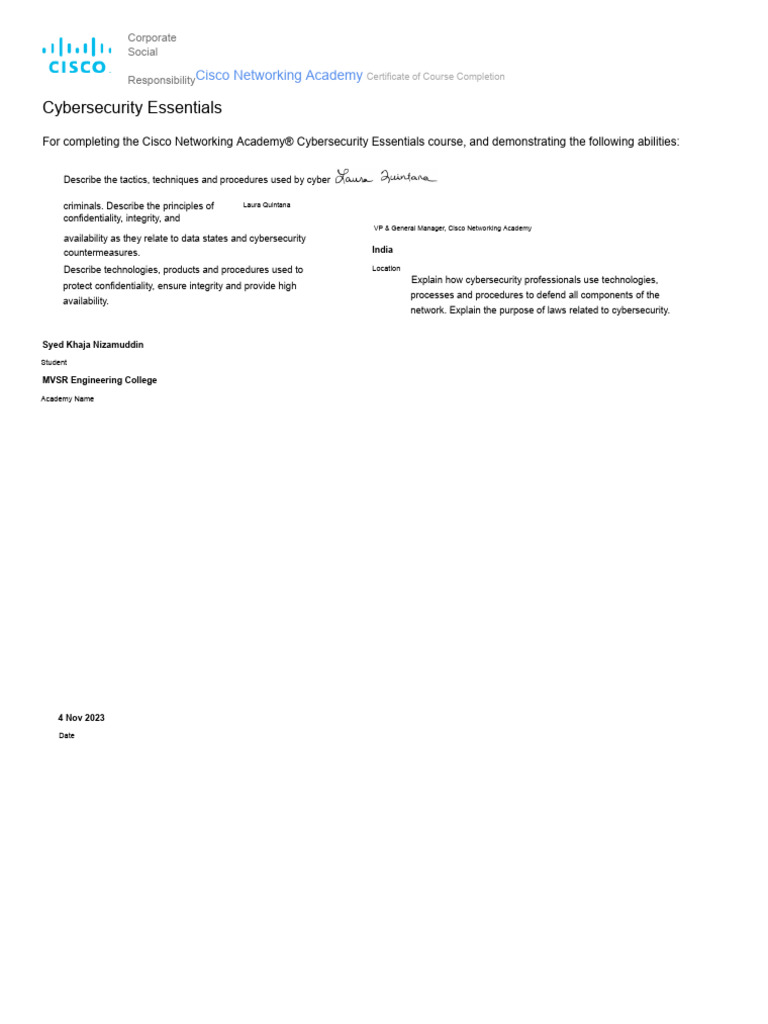 Cisco Cybersecurity Essentials Certificate | PDF