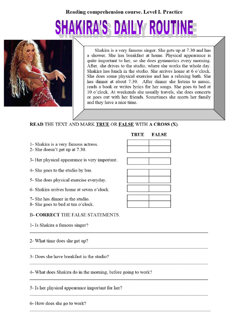 Shakira S Daily Routine Test or Worksheet - TOAZ - Info | PDF