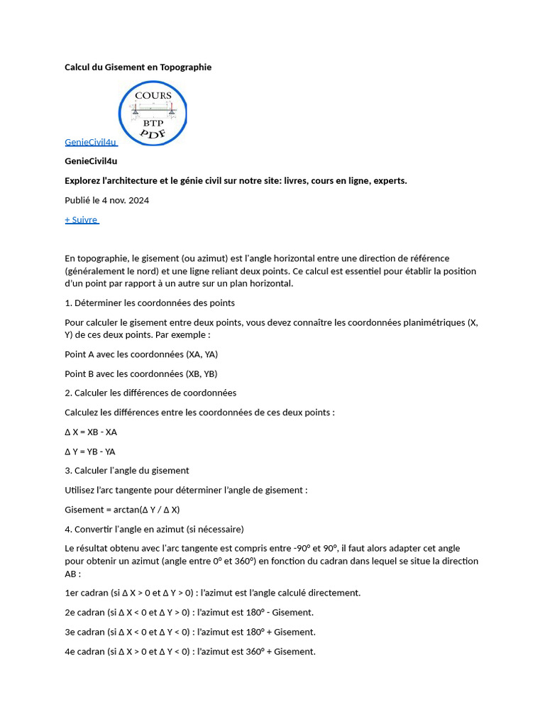 Calcul du Gisement en Topographie | PDF