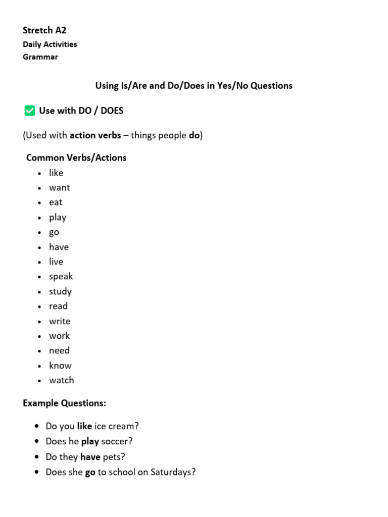 A2 Daily Activities: Is/Are & Do/Does | PDF