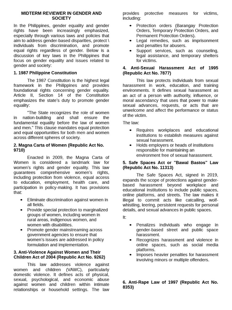 Gender Equality Laws in the Philippines | PDF | Rape | Sexual Harassment