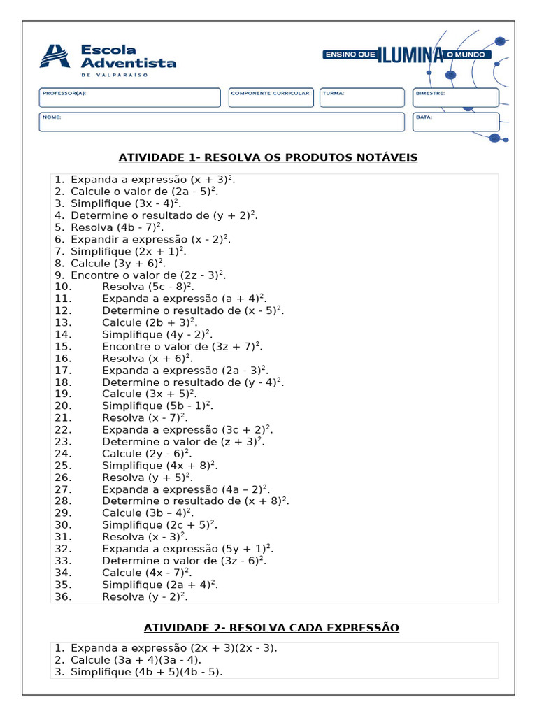 Exercícios de Produtos Notáveis 9º Ano | PDF