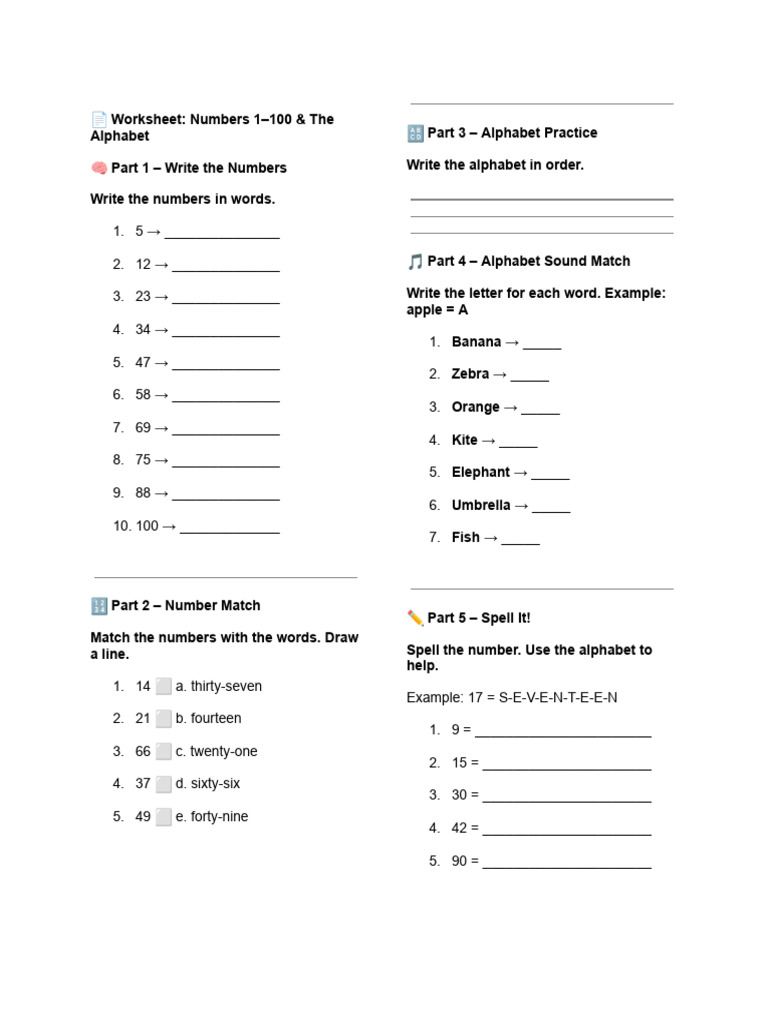 Numbers 1-100 and Alphabet Worksheet | PDF