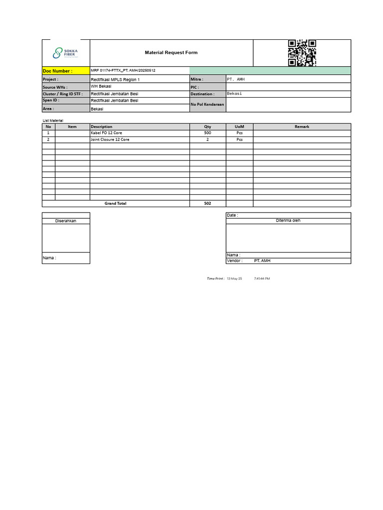 Permintaan Material MRF 01174 FTTX | PDF