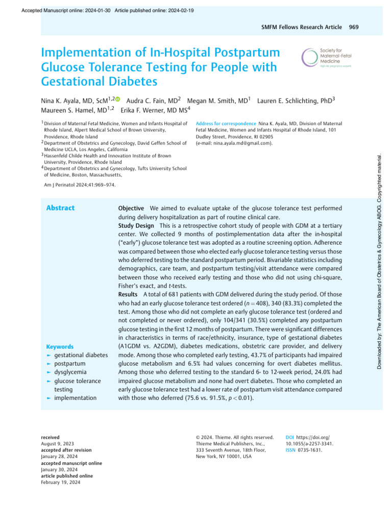 Implementation of in-Hospital Postpartum Glucose Tolerance Testing for ...