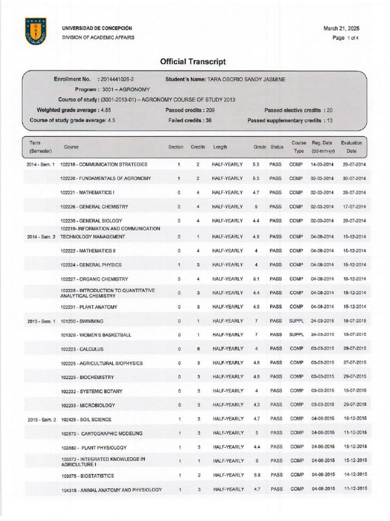 Official Transcript - Sandy Tara Osorio | PDF