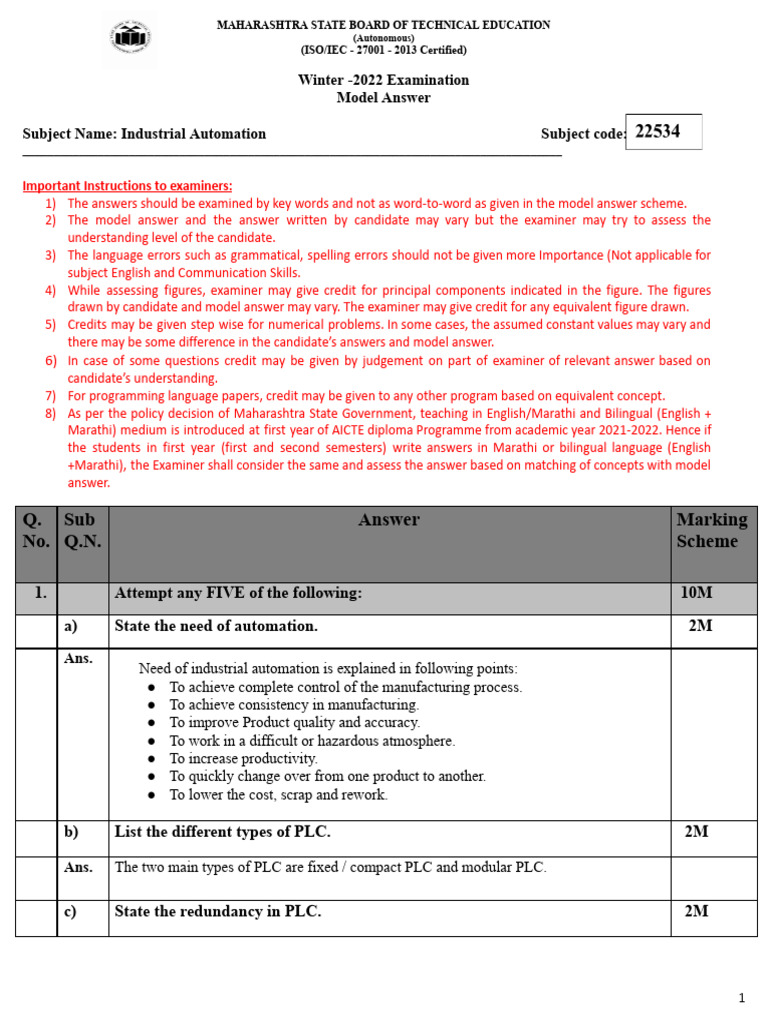 IAU Model Answer Paper: Industrial Automation | PDF | Programmable ...