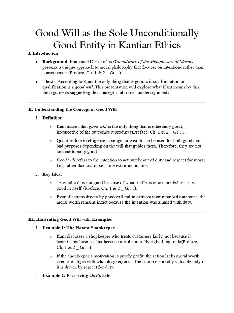 Good Will As The Sole Unconditionally Good Entity in Kantian Ethics ...