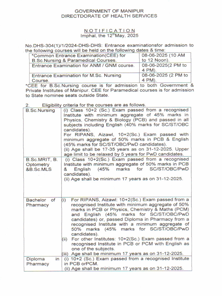 Notification For Entrance Examination For Nursing 250512 201734 | PDF