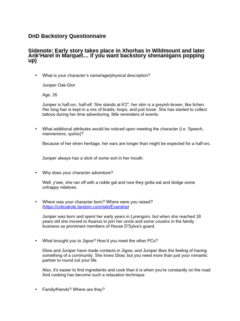 CotN Backstory Questionnaire - Juniper | PDF