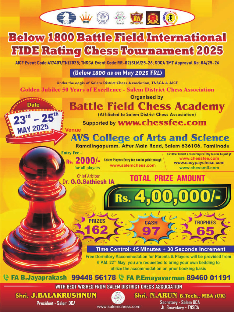 Below 1800 Battle Field International Fide Rating Chess Tournament 2025 ...