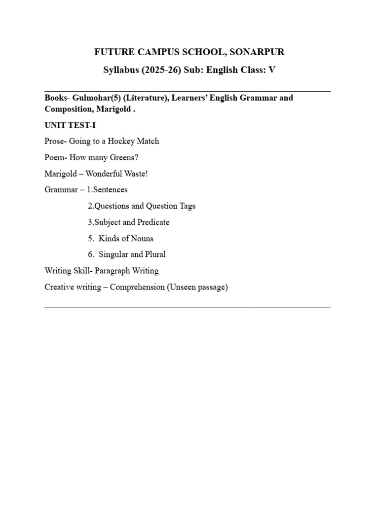 English Syllabus for Class V 2025-26 | PDF