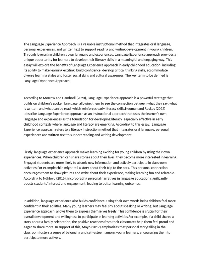 Benefits of Language Experience Approach | PDF | Literacy | Learning