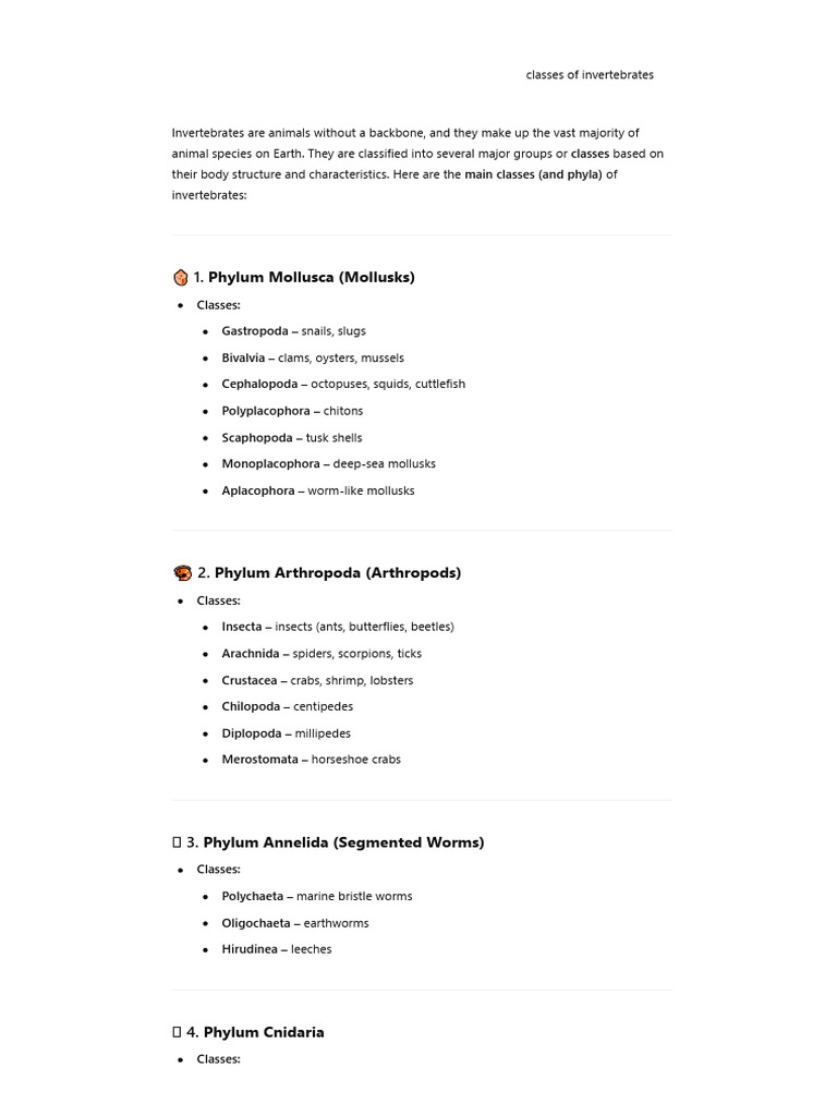 Overview of Invertebrate Classes | PDF | Invertebrate | Mollusca