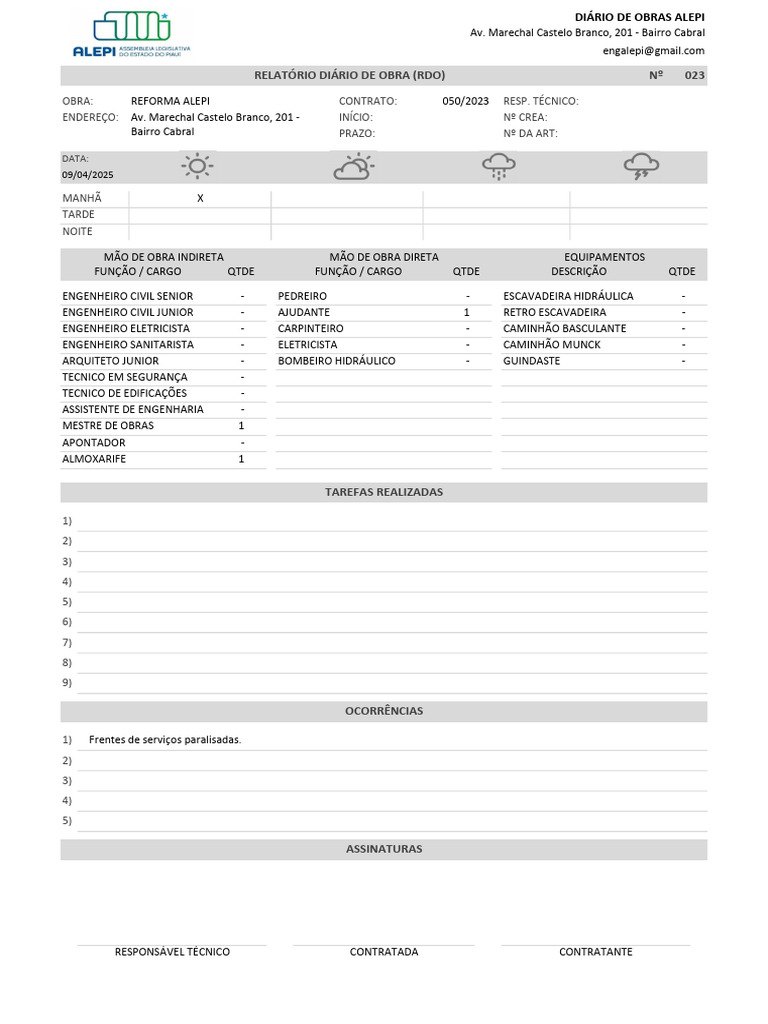 Relatório Diário de Obras ALEPI 2023 | PDF