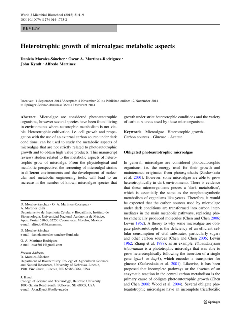 Heterotrophic Growth of Microalgae: Metabolic Aspects | PDF ...