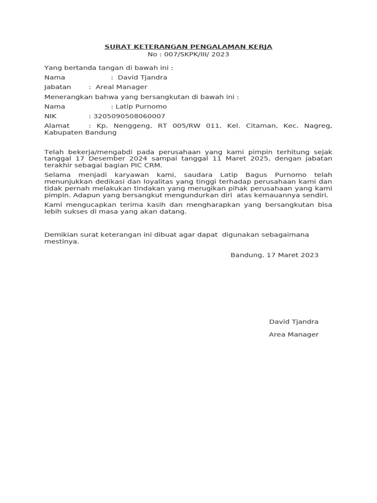 Surat Keterangan Pengalaman Kerja Latip Purnomo | PDF