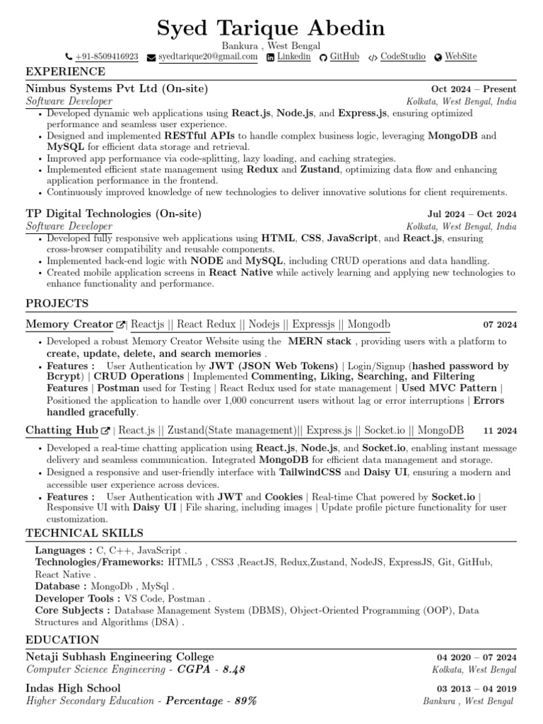 Syed Tarique Abedin Resume | PDF | Computing | Software Engineering