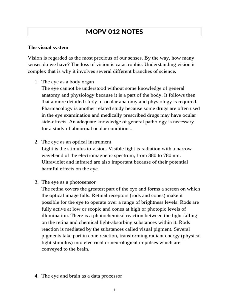 Mopv 012 Visual Optics Notes | PDF | Myopia | Eye