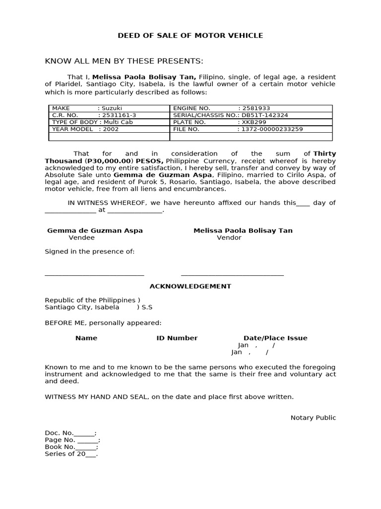 Sale of Suzuki Multi Cab to Gemma de Guzman | PDF