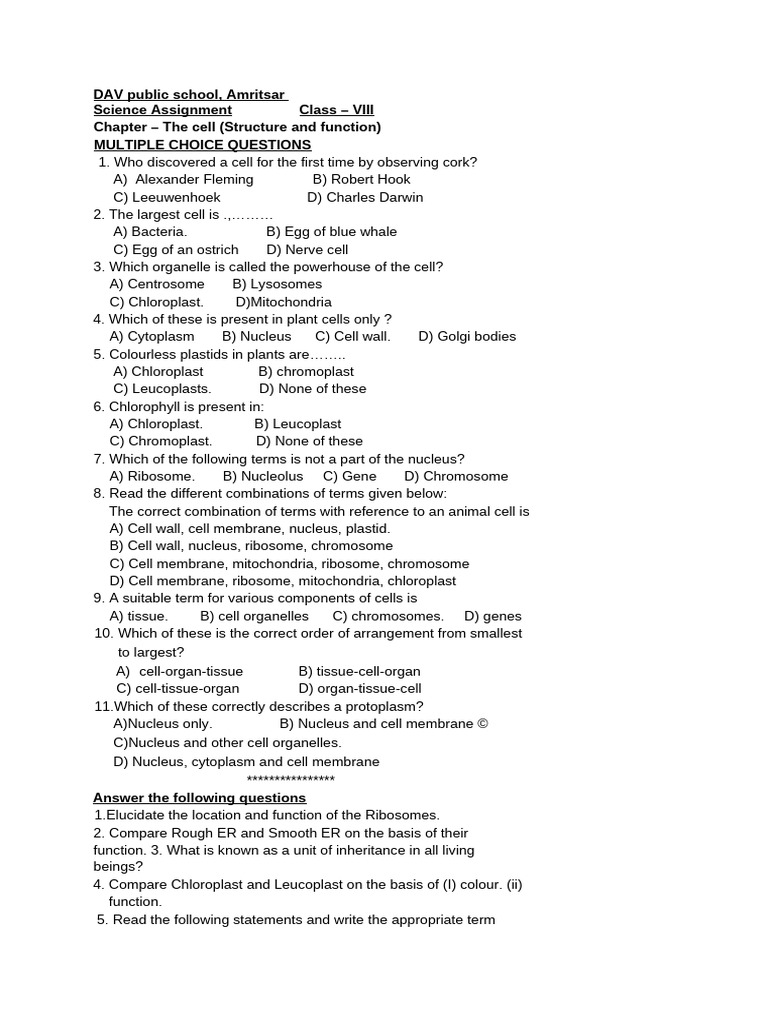 Class VIII Science: Cell Structure Assignment | PDF | Cell (Biology ...