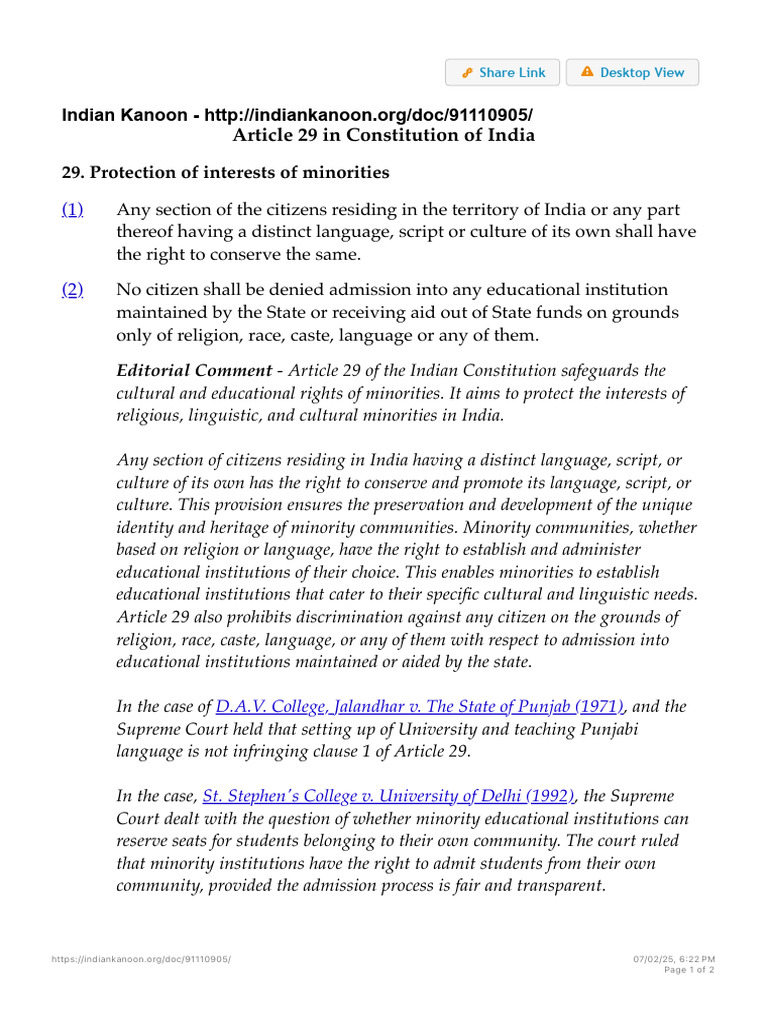 Article 29 in Constitution of India | PDF | Supreme Court Of India ...