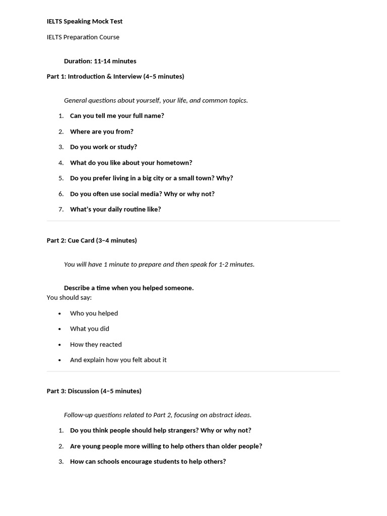 IELTS Speaking Mock Test Guide | PDF | International English Language ...
