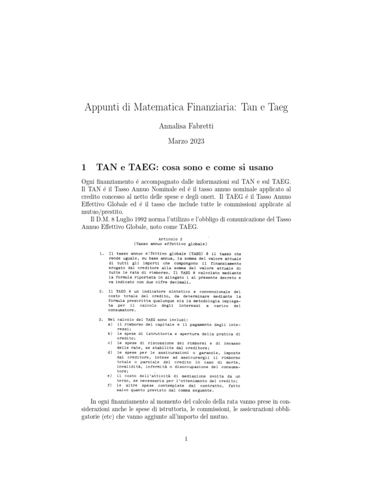 Note Matematica Finanziaria Tan e Taeg 2023 03 14 11 46 11 | PDF