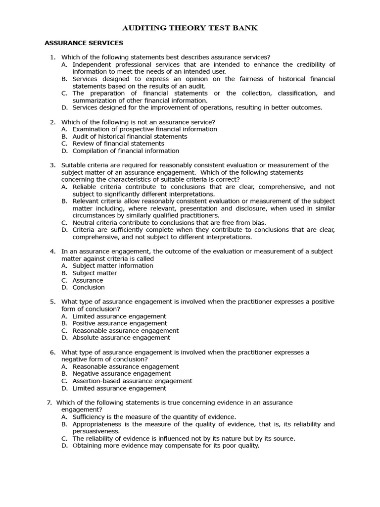 Assurance Services Auditing Test Bank | PDF | Audit | Internal Control