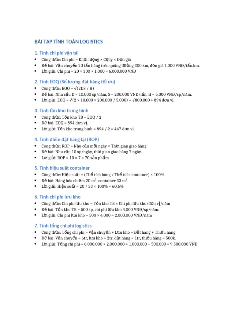 Bai Tap Tinh Toan Logistics | PDF