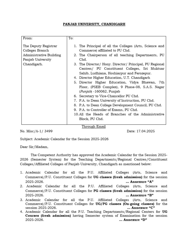Panjab University Academic Calendar 2025-26 | PDF | Academic Term ...