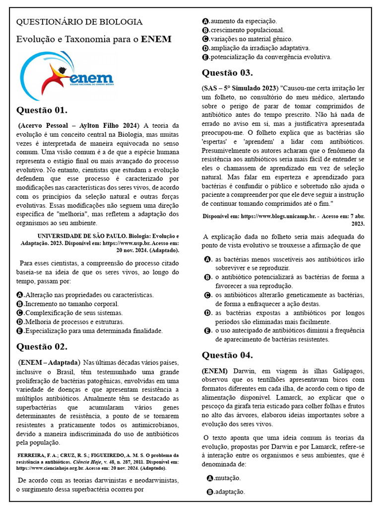 Questionário de Biologia - Evolução - Enem | PDF | Evolução | Seleção ...