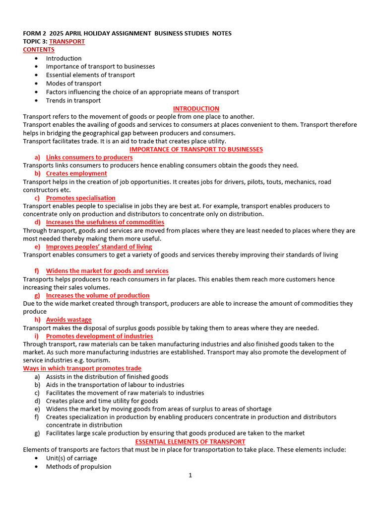 Form 2 Business Studies: Transport Notes | PDF | Transport | Train