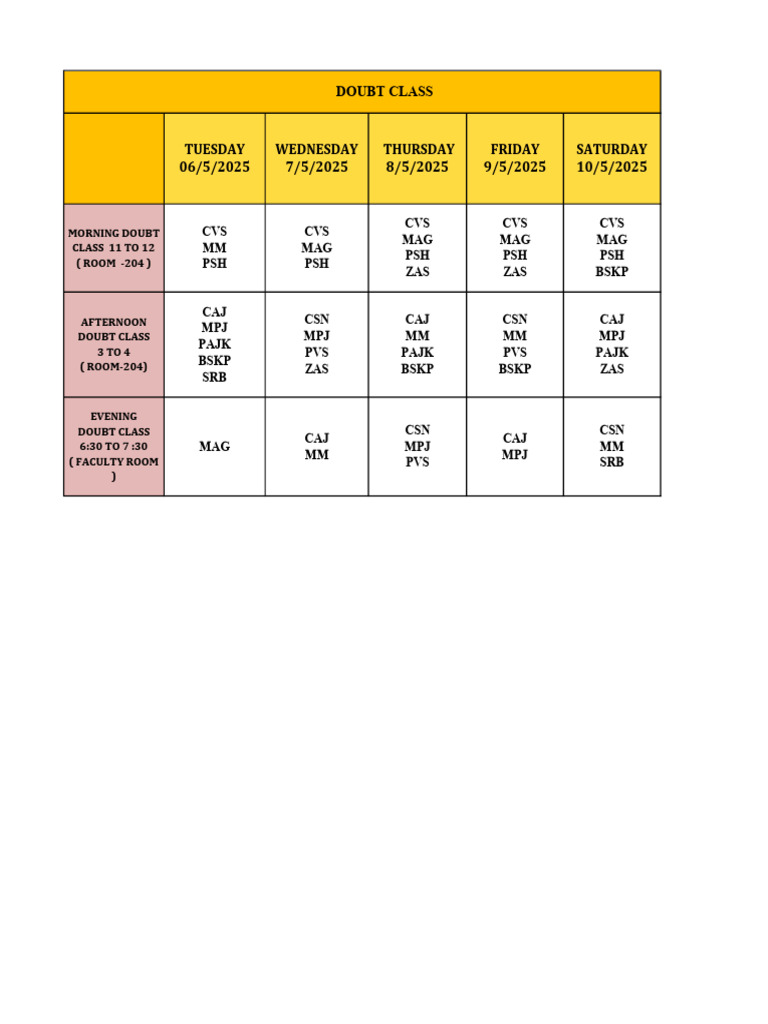 Weekly Doubt Class Schedule | PDF